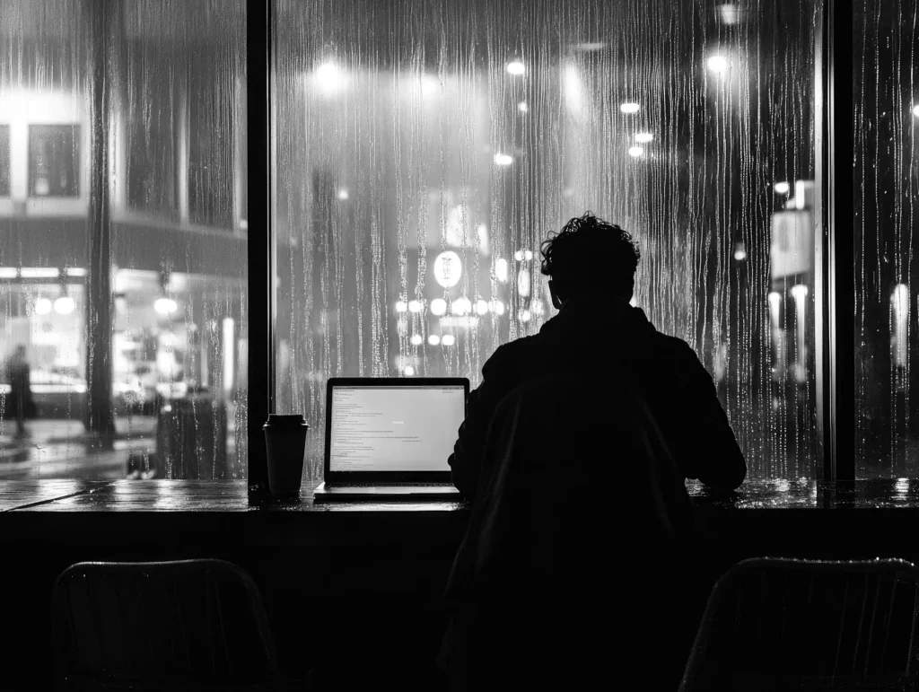 Man working on a laptop by a rain-streaked window at night